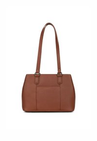 Bruine leren handtas met twee schouderbanden, rechthoekige vorm, textuur oppervlak, met een voorvak en metalen accenten.