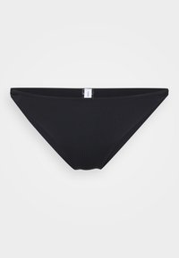 Parte bassa di bikini nera con una texture liscia e rigata. Design a copertura media con una forma elegante e un piccolo logo del marchio di lato.