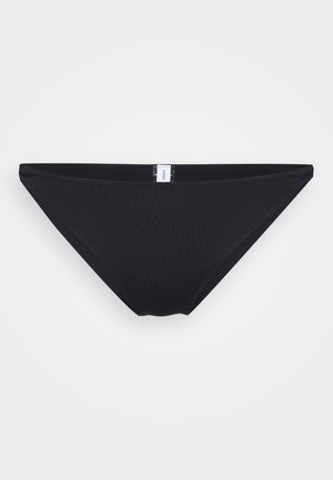 Black bikini bottom with a smooth, ribbed texture. Medium coverage design with a sleek shape and a small brand label on the side.