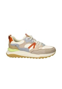 Sneaker multicolore con una combinazione di suede beige, blu e arancione. Presentano una suola arrotondata con un accento verde chiaro e lacci testurizzati.