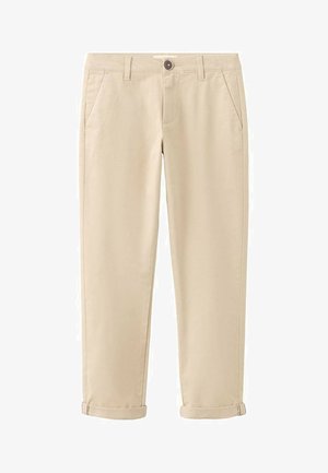 Béžové chino kalhoty s rovnými nohavicemi, vybavené dvěma předními kapsami a zapínáním na jeden knoflík. Otočené lemy u kotníků. Hladká struktura.