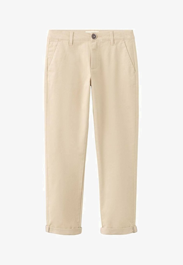 Pantaloni chino bej cu croială dreaptă, având două buzunare frontale și închidere cu un singur nasture. Margini întoarse la glezne. Textură netedă.
