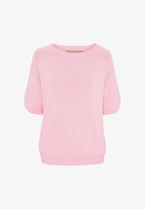 Lyserød kortærmet sweater med rund halsudskæring, blød strikket tekstur, ribbede manchetter og kant. Har diskrete sting på skuldrene.