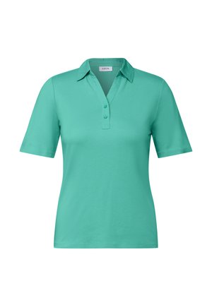 Turquoise polo-shirt van zachte katoen met een kraag, korte mouwen en een placket met drie knopen. Zachte textuur en rechte zoom.