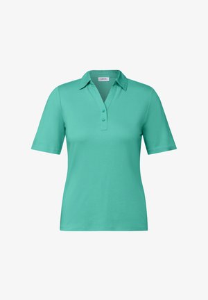 Turquoise polo-shirt van zachte katoen met een kraag, korte mouwen en een placket met drie knopen. Zachte textuur en rechte zoom.