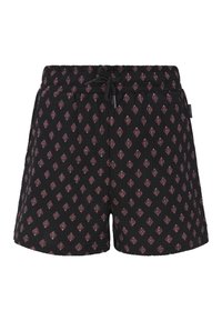 Zwarte shorts met een gestructureerde afwerking, met een herhalend ruitpatroon in bordeauxrood. Elastische tailleband met trekkoord voor een verstelbare pasvorm.