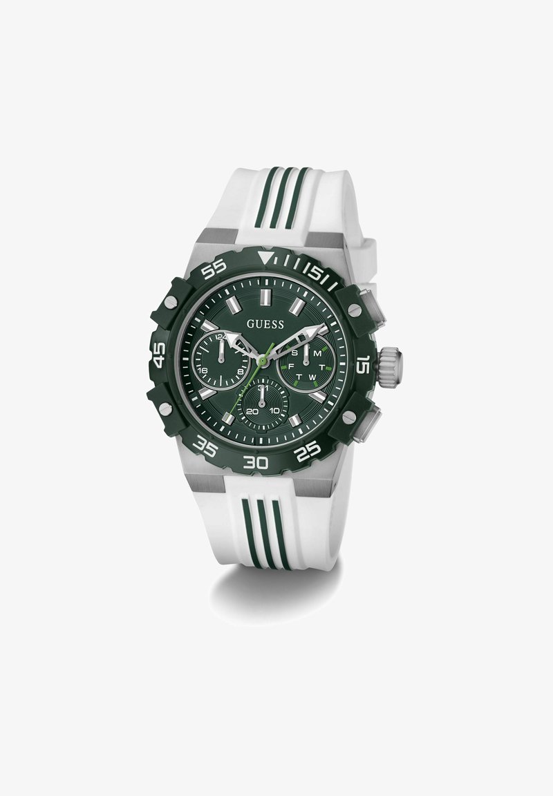 Reloj cronógrafo verde y blanco con caja de acero inoxidable, esfera verde texturizada, marcadores horarios luminiscentes y correa de caucho blanca con franjas verdes.