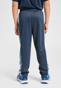 Marineblaue Jogginghose mit hellblauen Seitenstreifen, gerafftem elastischem Bund und glatter Stoffstruktur. Geeignet für Kinder und sportliche Aktivitäten.