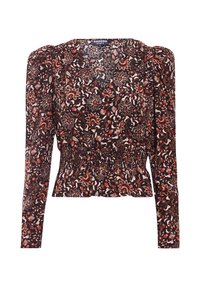 Blusa nera floreale con maniche lunghe, scollatura a V, vita arricciata e intricati motivi floreali rossi e crema. Tessuto leggero con una leggera lucentezza.