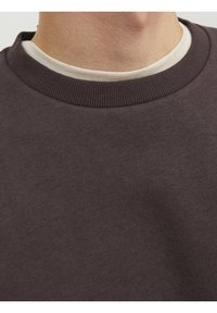 Felpa grigia scura con collo a girocollo a costine. Tessuto morbido e liscio con una leggera texture. Sovrapposta a una camicia interna bianca.