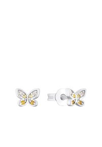 Orecchini a forma di farfalla in argento, con cristalli multicolori gialli e trasparenti, dotati di chiusura a pressione.