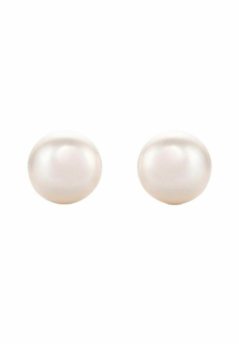 Orecchini a perla rotondi e lucidi con una superficie liscia e brillante; colore bianco morbido con lievi iridescenze; design semplice, senza hardware visibile.