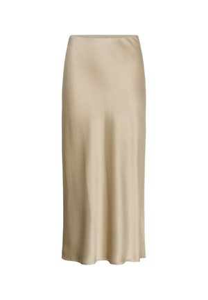Jupe midi en satin beige avec une texture lisse, taille haute et légère évasement à l'ourlet, adaptée pour une tenue formelle ou décontractée.