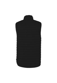 Black quilted sleeveless vest with high collar, featuring horizontal stitching and a smooth texture, designed for lightweight warmth.