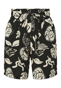 Svarta shorts med ett vitt blommönster, elastisk midja och en knytbälte-detalj. Lätt, flödande tyg med en löst passform.