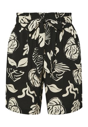 Pantaloni corti neri con un motivo floreale bianco, dotati di una vita elastica e un dettaglio di cintura legata. Tessuto leggero e fluido con una vestibilità ampia.