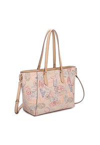 Borsa tote beige con stampe a timbro, doppie maniglie superiori e tracolla regolabile. Texture liscia con cuciture rinforzate e dettagli.