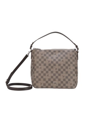 Braune und beige karierte Handtasche mit floralen Motiven, einem oberen Griff, abnehmbarem langen Riemen und Reißverschlussverschluss.