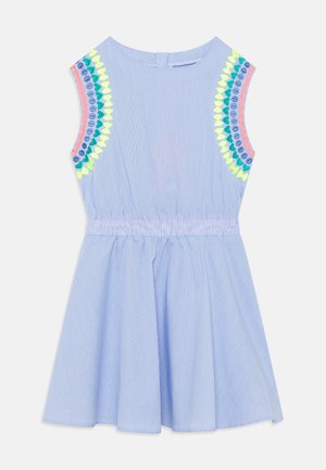 Sleeveless light blue dress with subtle stripes, elastic waist, and colorful embroidered patterns in yellow, green, blue, and pink on shoulders.