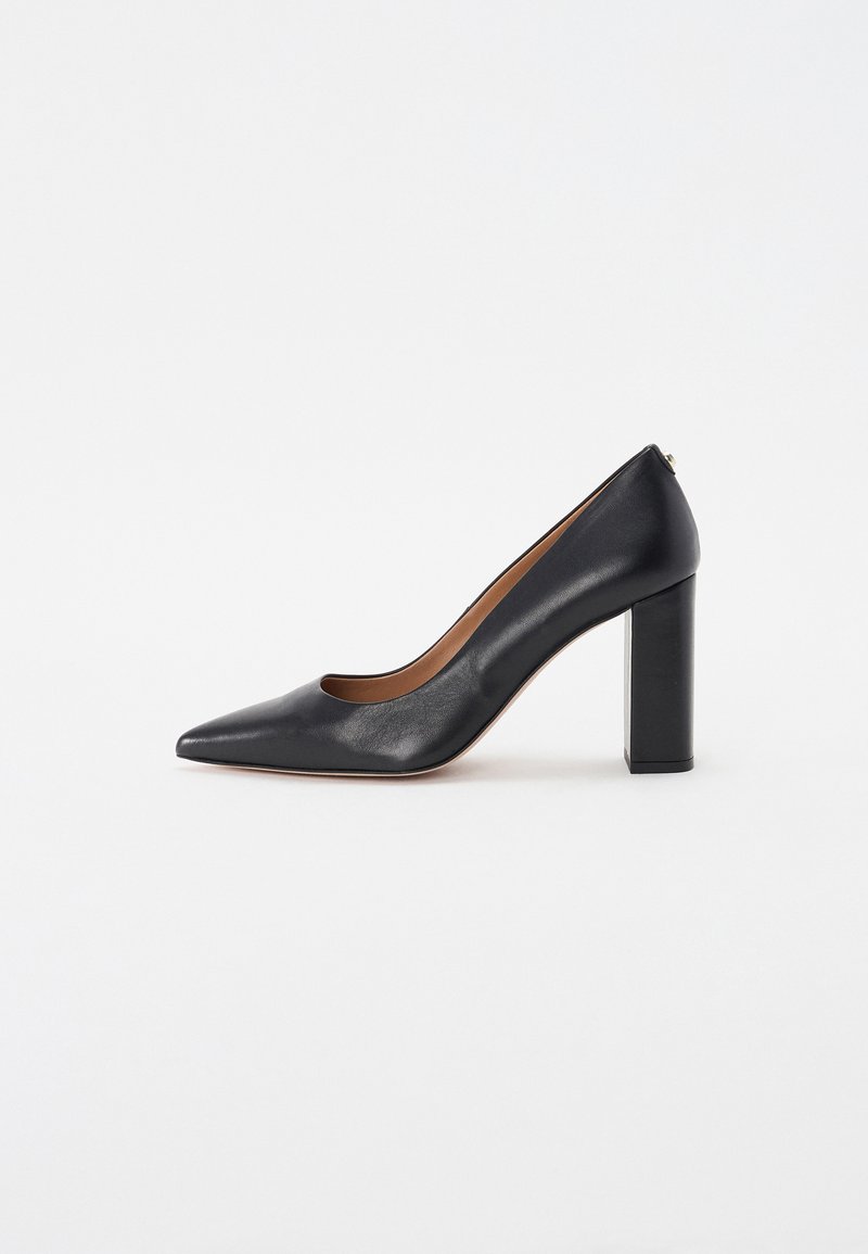 Black leather high-heeled pump with a pointed toe, a wide block heel, smooth texture, and minimalistic design. No visible hardware or accents.