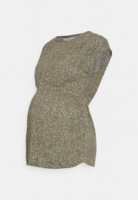 Camisa de maternidade em padrão floral verde, com mangas curtas, decote redondo e cintura franzida para um formato ajustado. Tecido leve.