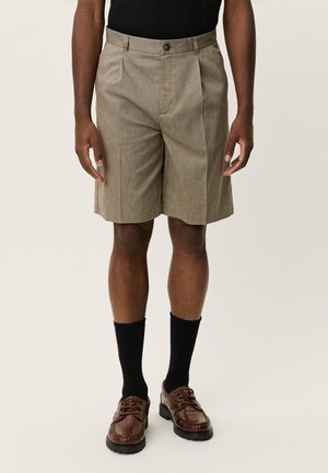 Bruine gestructureerde korte broek met een rechte snit en voorplooien, bruine gestructureerde schoenen en zwarte enkelsokken. Geen zichtbare patronen of accenten.