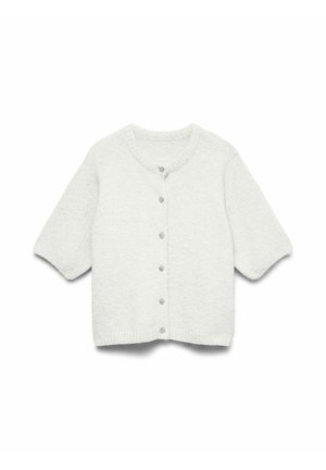 Valge lühikeste varrukatega kootud kardigan ümar kaelusega ja kuue ees oleva nööbiga, esitatud tasapinnaliselt valgel taustal.