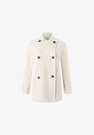 Cremefarbenes, doppelt geknöpftes Mantel aus strukturiertem Gewebe, mit schwarzen Knöpfen und umgeschlagenem Kragen sowie umgeschlagenen Ärmeln.