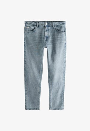 Hellblaue Denim-Jeans mit geradem Schnitt, ausgestattet mit einem klassischen Knopfverschluss, im Fünf-Taschen-Stil und dezenten Verwaschungen.