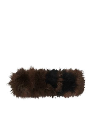 Long, fluffy brown and black fur headband with soft texture, designed to keep the head warm in cold weather.