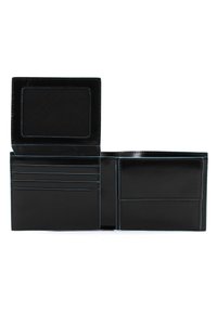 Portafoglio in pelle nera con cuciture azzurro chiaro, dotato di una finestra trasparente per l'ID, diversi scomparti per carte e una tasca per contanti o altri oggetti.
