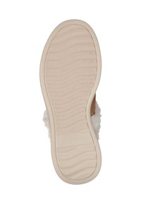 Skechers slippersål har en tekstureret beige gummi med riller til traction; overdelen viser et brunt syntetisk materiale med hvidt futter.