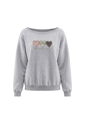 Lysegrå sweatshirt med tre flerfarvede stribede hjerter på brystet og ribkant ved ærmer og bund.