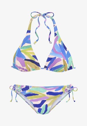 Ensemble de bikini multicolore avec un design à col halter. Le haut présente des bonnets triangulaires avec un imprimé floral, et le bas dispose de liens ajustables.