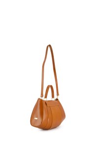 Braune Lederhandtasche mit einer strukturierten Form, kurzen doppelten Griffen und einem abnehmbaren Schulterriemen. Verfügt über einen goldfarbenen Akzent und Nähte.