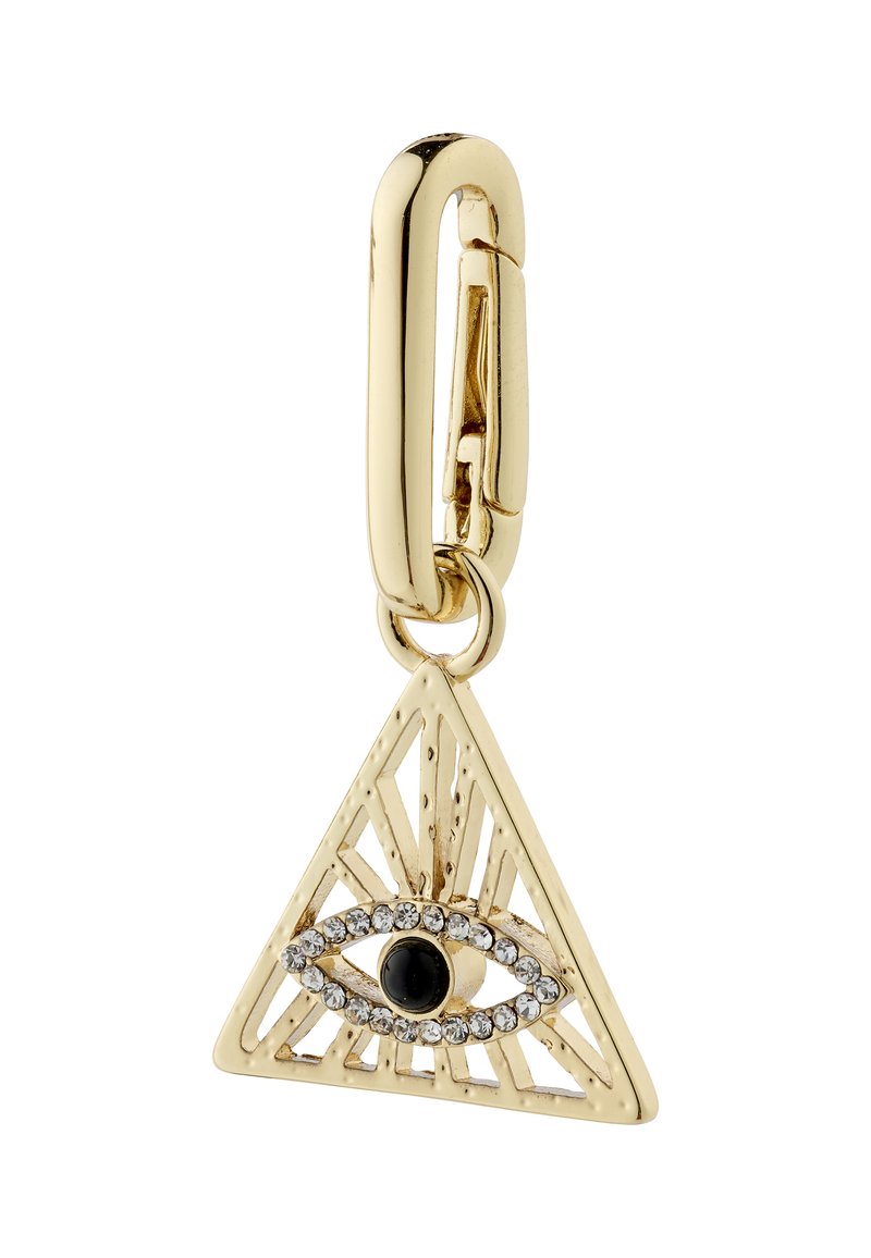 Pendentif en or avec une forme triangulaire et un design découpé, présentant une pierre précieuse noire centrale entourée de cristaux transparents.