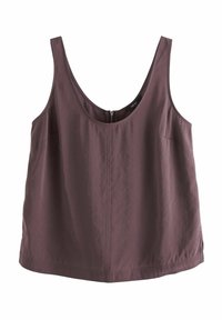 Haut sans manches en mauve profond, avec un col rond plongeant et une fermeture éclair au dos. Tissu doux et léger avec une texture lisse.