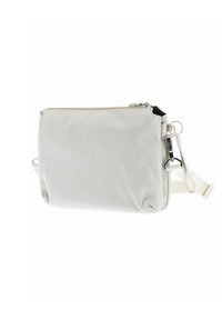 Sac bandoulière gris texturé avec fermeture éclair, sangle réglable et ferrures argentées. Présente une forme rectangulaire compacte.