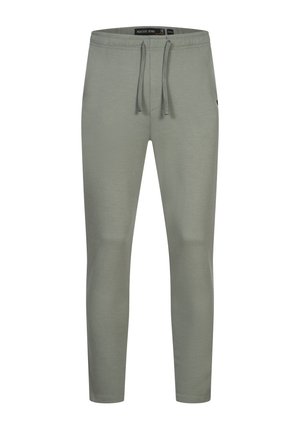 Pantaloni della tuta grigio chiaro realizzati in tessuto morbido, dotati di vita elasticizzata con cordino, tasche laterali e gambe affusolate.