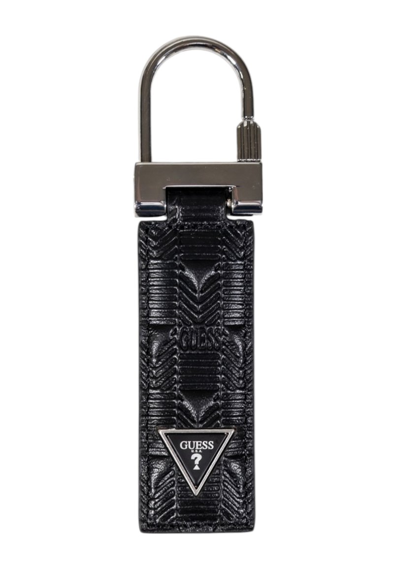 Portachiavi in pelle nera con motivo a battistrada in rilievo, ferramenti in metallo argentato e un accento logo triangolare in bianco e nero.