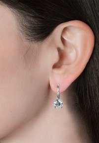 Orecchini pendenti in tono argento che presentano una pietra preziosa rotonda e trasparente circondata da piccole pietre, con una superficie lucida e riflettente.
