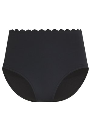 High-waisted black underwear with a scalloped top edge, smooth texture, and solid color design, featuring a full back coverage style.