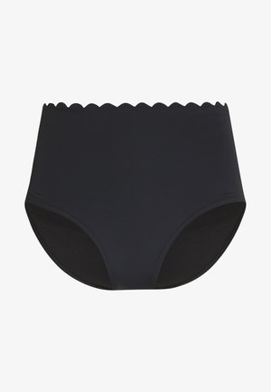 Hoch geschnittene schwarze Unterwäsche mit einem gewellten oberen Rand, glatter Textur und einfarbigem Design, das einen vollständigen Rückenbedeckungsstil bietet.