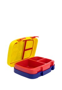 Scatola per il pranzo in plastica con coperchio giallo, base rossa e blu, dotata di tre scomparti e fermagli rossi attaccati per una chiusura sicura.