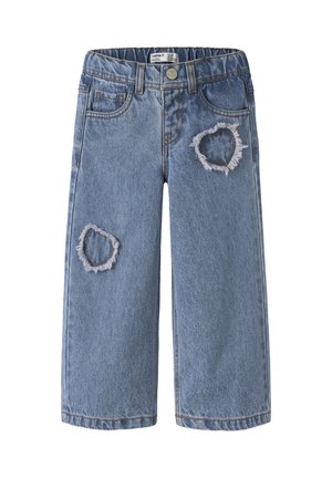 Pantaloni in denim blu per bambini con fascia elastica in vita e due toppe consumate a forma di cuore sulle gambe anteriori.
