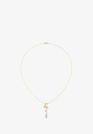 Naszyjnik w kolorze złota o smukłym, wydłużonym designie z zawieszką w kształcie srebrnego liścia ozdobioną małymi kryształkami. Łańcuszek jest cienki i delikatny.