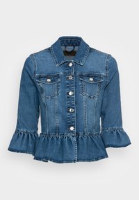 Denim jaka vidējā zila krāsā ar viļņotu apakšmalu, divām krūšu kabatām, sudraba pogām un klasisku apkakli ar trīs ceturtdaļu piedurknēm.