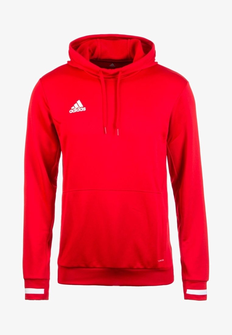 Sweat à capuche rouge Adidas avec logo blanc sur la poitrine et bandes blanches aux poignets, avec poche kangourou à l'avant et capuche avec cordon de serrage.
