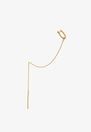 Goldfarbene Kettenaccessoire mit einem geschlungenen Haken und einem schlanken, länglichen Anhänger, der eine glatte Oberfläche und ein elegantes Design aufweist.