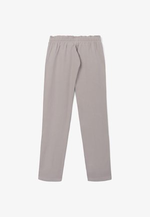 Pantaloni grigio chiaro in tessuto morbido, con vita elasticizzata e design a gamba dritta, senza tasche né motivi.